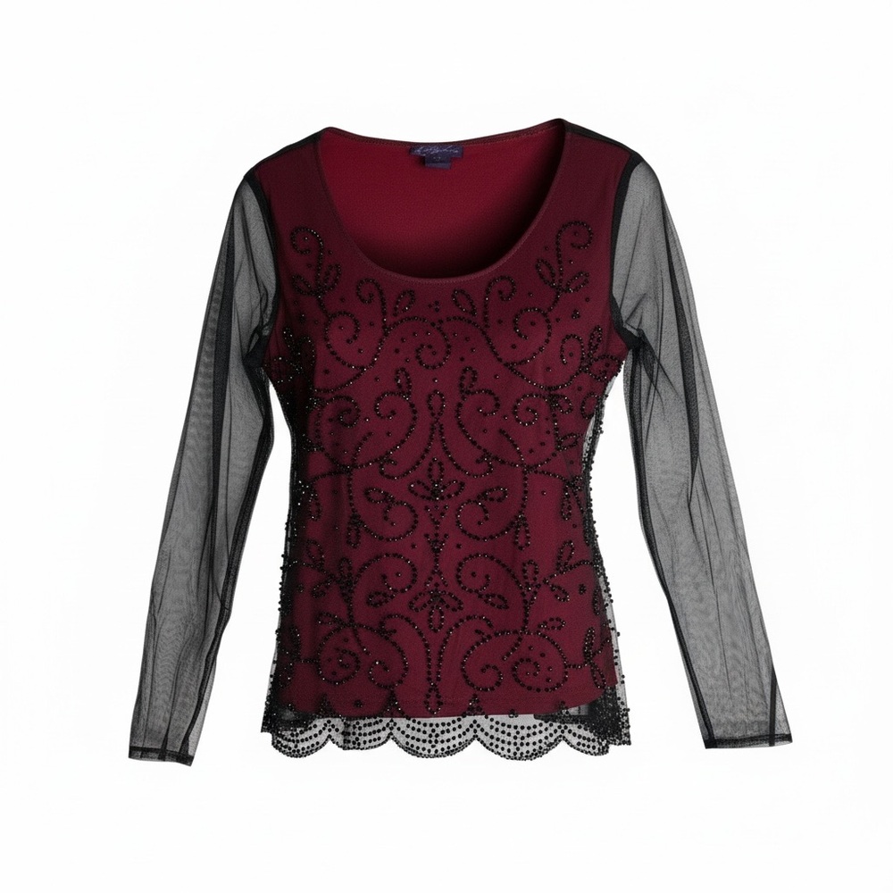 Metaphor burgundy long sleeve top featuring black mesh sleeves, ornate  beaded